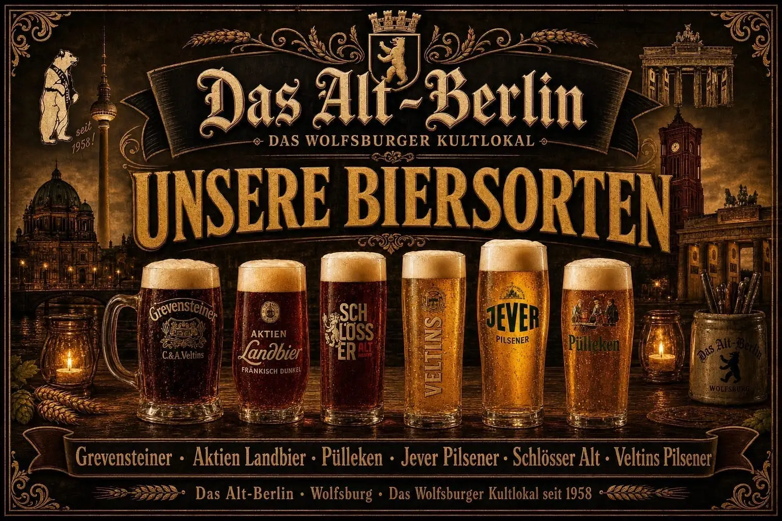 Unsere Biersorten — Grevensteiner, Aktien Landbier, Pülleken, Jever Pilsener, Schlösser Alt und Veltins Pilsener