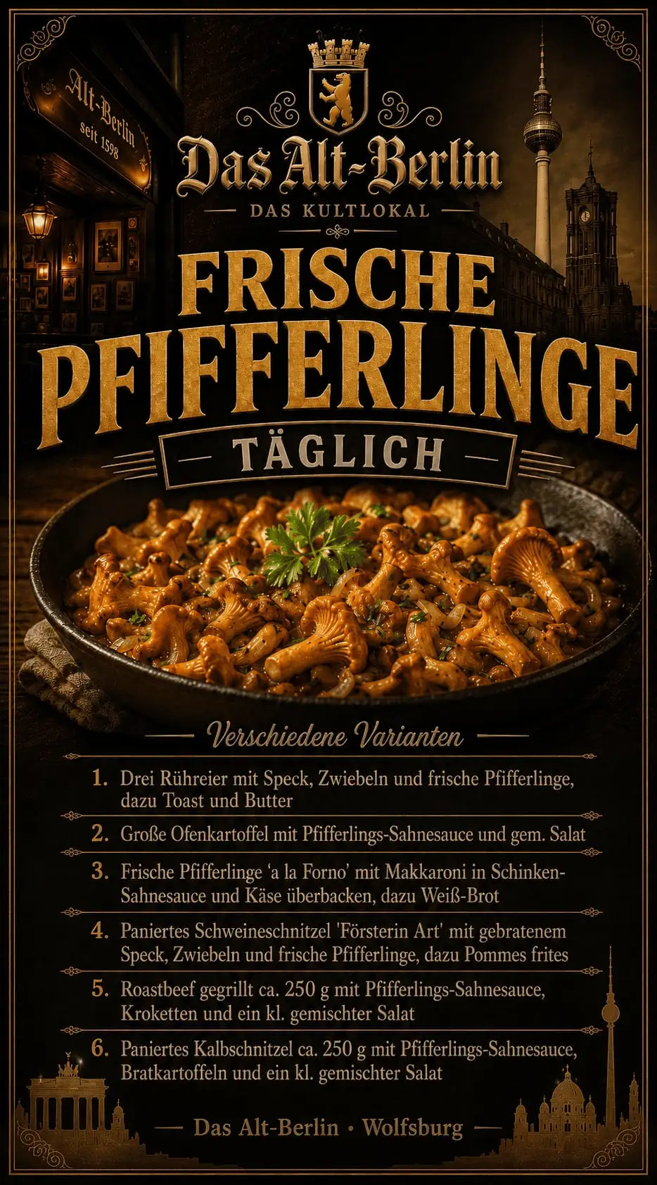 Werbeplakat Frische Pfifferlinge — täglich, verschiedene Varianten, ab 9,90 Euro